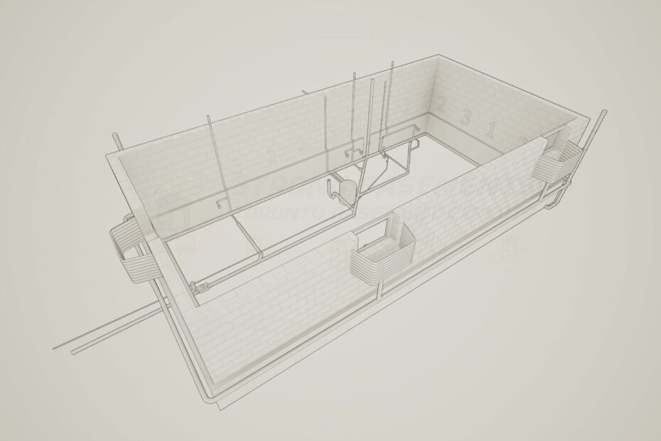 Structural engineering plan for basement underpinning in Toronto, illustrating the mandatory 1-2-3 excavation sequence required for a building permit application.
