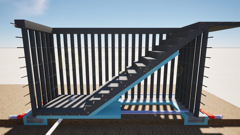Newly poured concrete landing and stairs in a basement walkout.