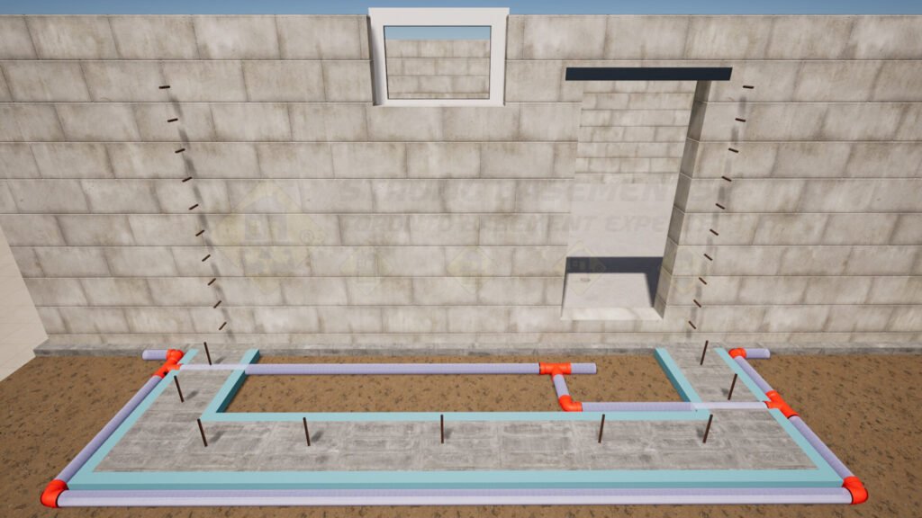 Doweling steel rebars into an existing basement foundation during walkout construction.