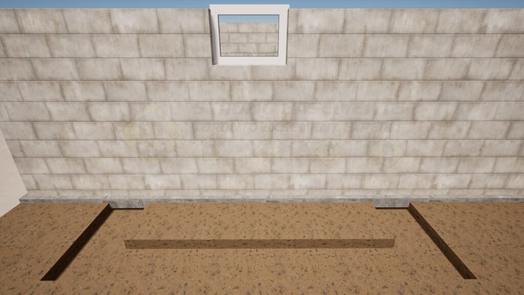 Excavation of a foundation area for basement walkout construction.