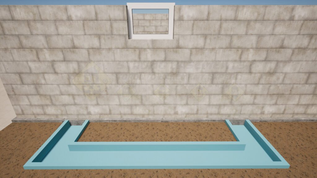 Rigid foam insulation forms around footings in a basement walkout construction.