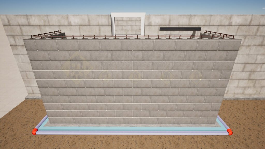 Concrete block foundation retaining wall under construction for a basement walkout.