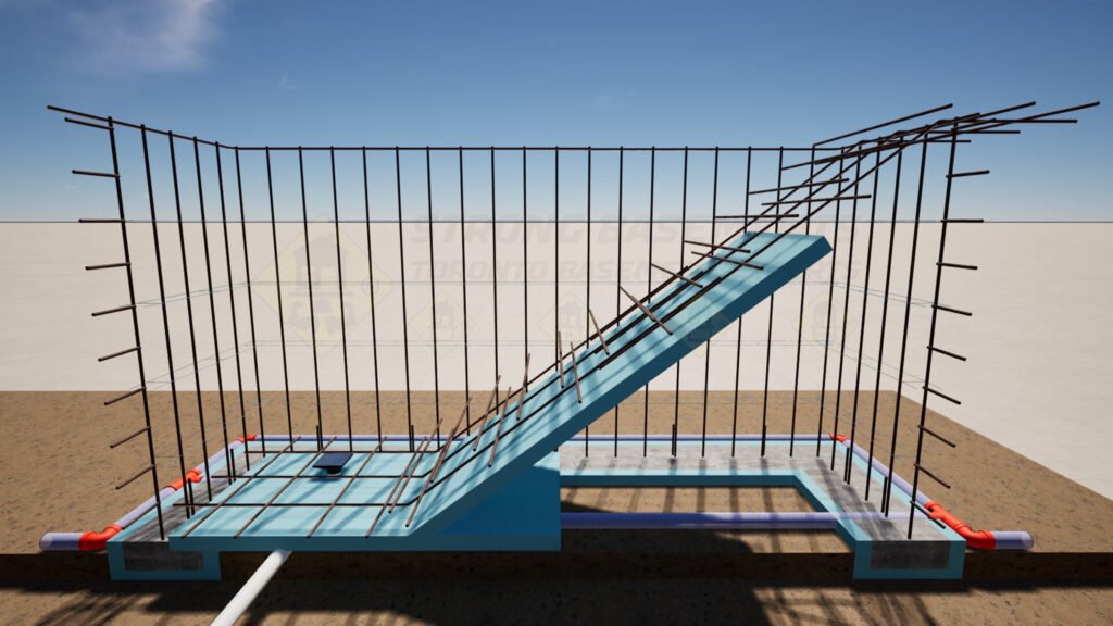 X-ray style image showing steel rebar reinforcement in landing, retaining wall, and stairs.