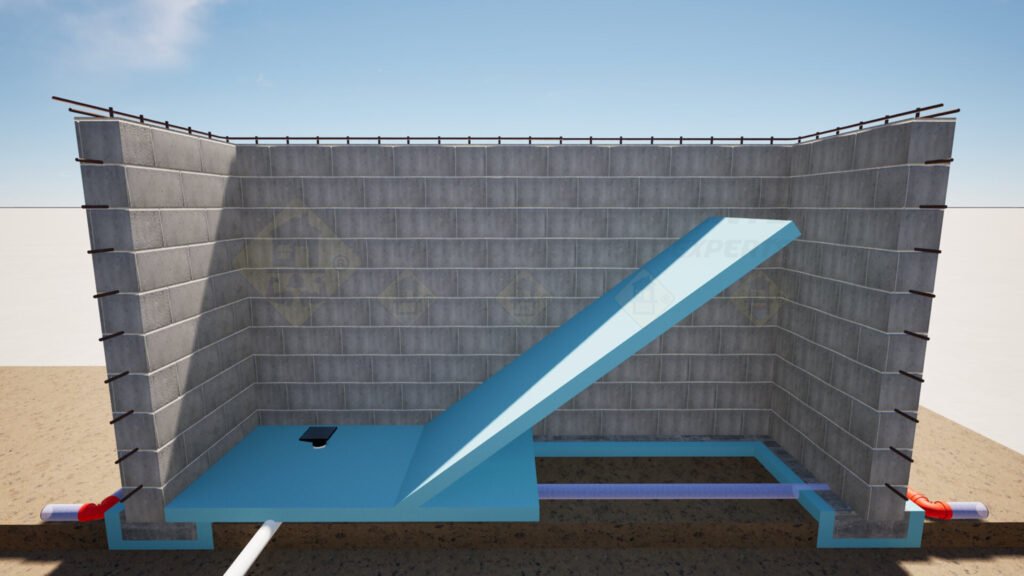 Rigid foam insulation under landing and stairs for a basement walkout.