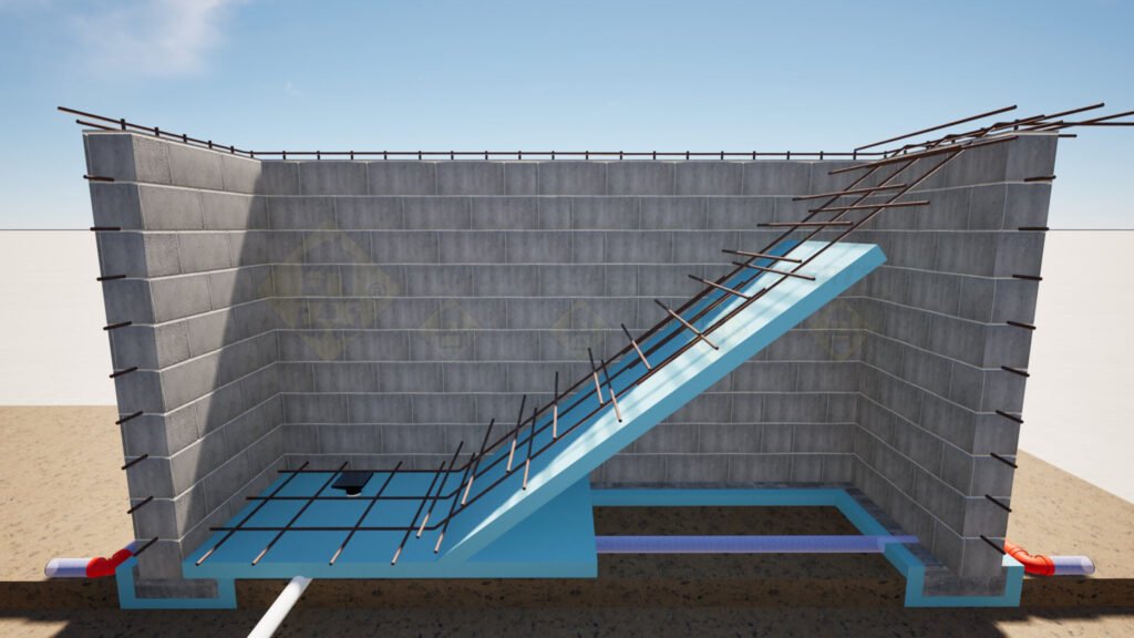 Steel rebar reinforcement on the landing and stairs for basement walkout construction.