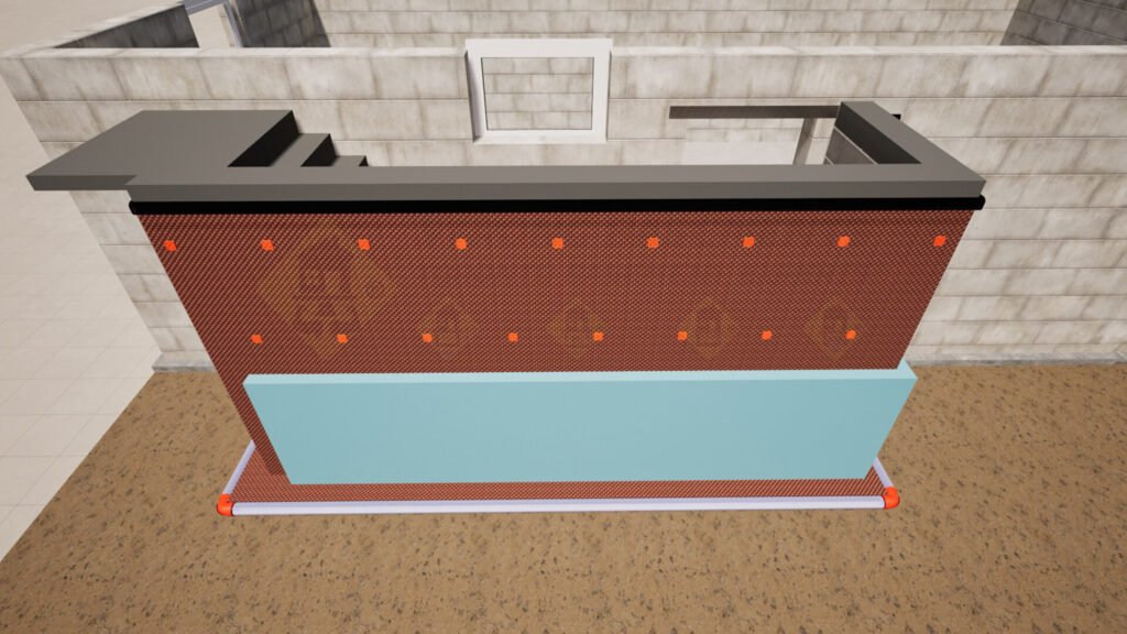 Rigid foam insulation installed on the outside of a basement walkout retaining wall.