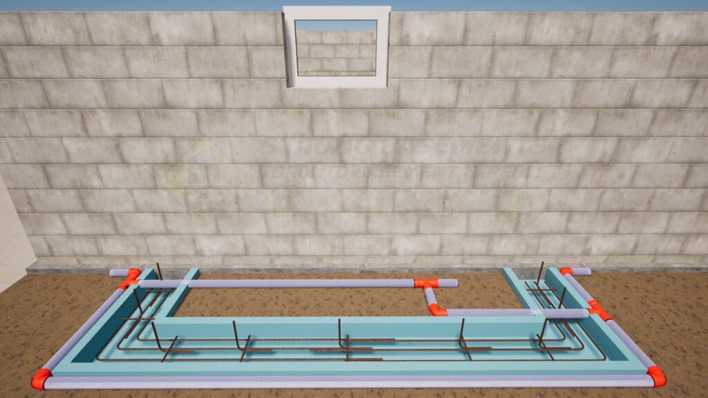 Steel rebar reinforcement in footing trenches for a basement walkout in Toronto.