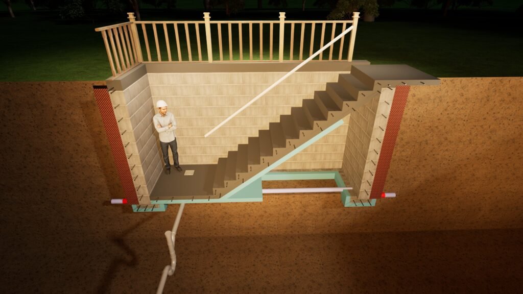 Angled view of basement separate entrance construction in Toronto, showing excavation and structural foundation work.