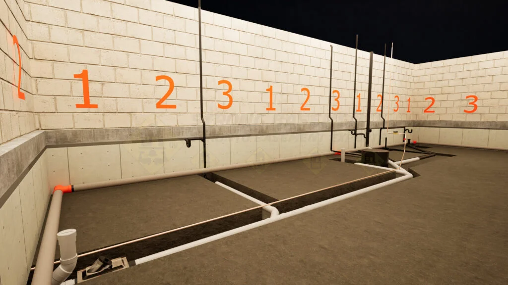 Basement underpinning in progress showing the 1-2-3 stage excavation sequence, new concrete footings, and rough-in plumbing (sump pump, weeping tile, and sewage stacks). Visual guide for 2025 basement lowering costs in Toronto and Etobicoke.
