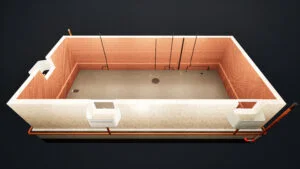 3D diagram of a basement lowering project showing key cost components: underpinned foundation walls, orange waterproofing membrane, exterior weeping tile drainage, and window wells.