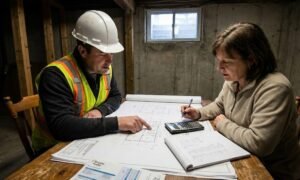 Contractor and homeowner reviewing basement underpinning architectural drawings and calculating project costs with a calculator. The scene represents professional budget planning for a basement lowering project in Toronto.