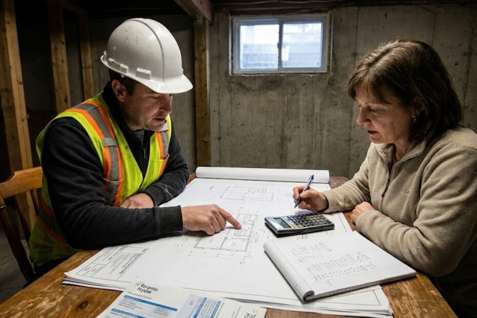 Contractor and homeowner reviewing basement underpinning architectural drawings and calculating project costs with a calculator. The scene represents professional budget planning for a basement lowering project in Toronto.