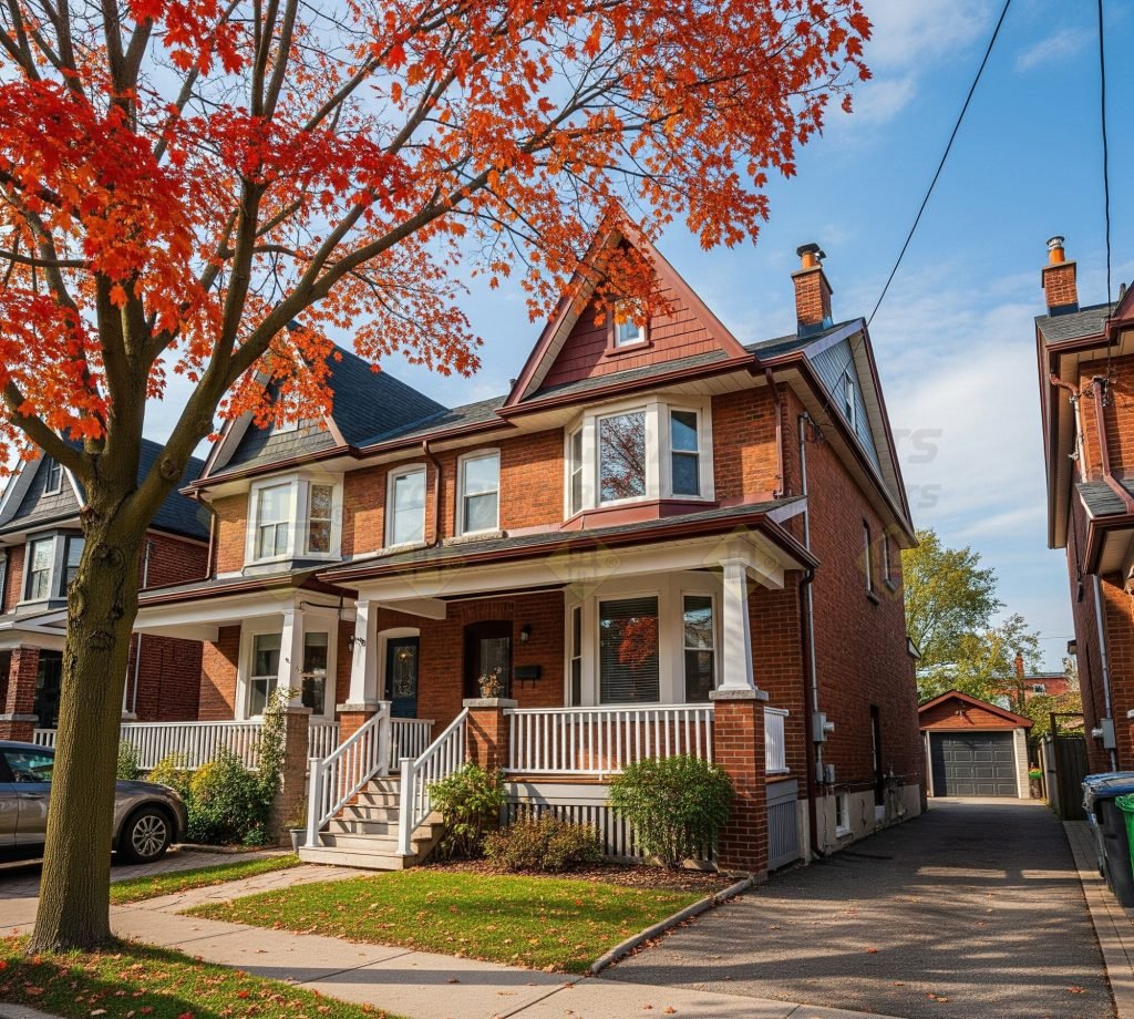 A classic Toronto semi-detached house with red brick, a front porch, and autumn leaves, representing homes often undergoing basement underpinning in Toronto.