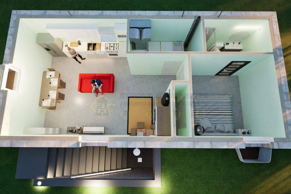 A newly underpinned Toronto basement being transformed into a legal second unit apartment in 2025, showing the new foundation walls and rough-ins for a kitchen.