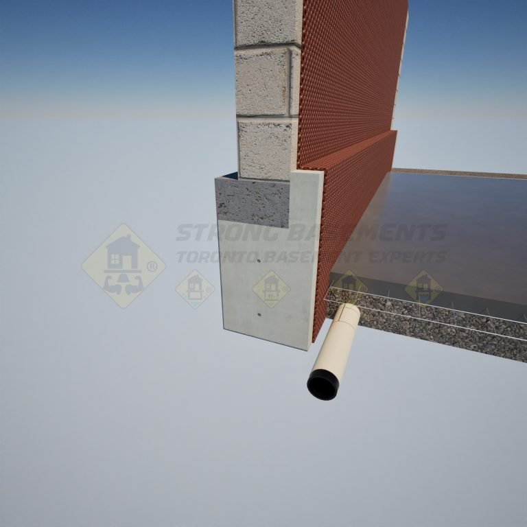 Cross-section detail of overpour underpinning for basement lowering, showing the new concrete footing overlapping the front of the existing foundation. The diagram highlights the dimpled drainage membrane, weeping tile, and gravel base.