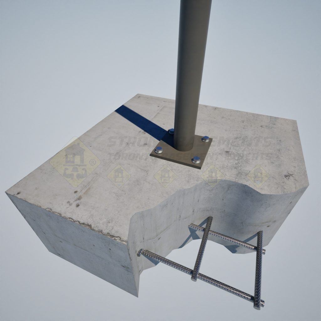 Steel load-bearing post installed on a concrete footing during a basement underpinning project in Toronto.