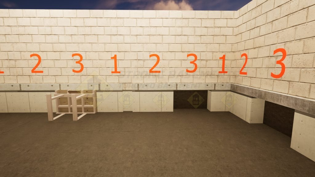 Sequential underpinning process in a Toronto basement showing staged concrete foundation sections.