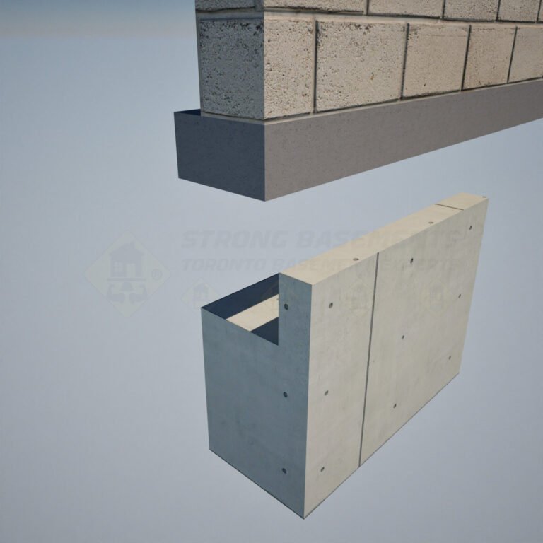 3D exploded diagram of overpour underpinning, showing the existing foundation footing above and the new concrete underpinning section below, which is shaped to overlap the face of the original footing.