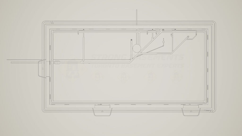 Top-down view of a basement underpinning engineering plan for a Toronto building permit. The technical drawing details the foundation layout, drainage system, and structural reinforcement required for municipal approval.