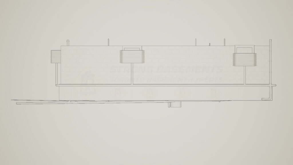 Top-down view of a basement underpinning engineering plan for a Toronto building permit. The technical drawing details the foundation layout, drainage system, and structural reinforcement required for municipal approval.