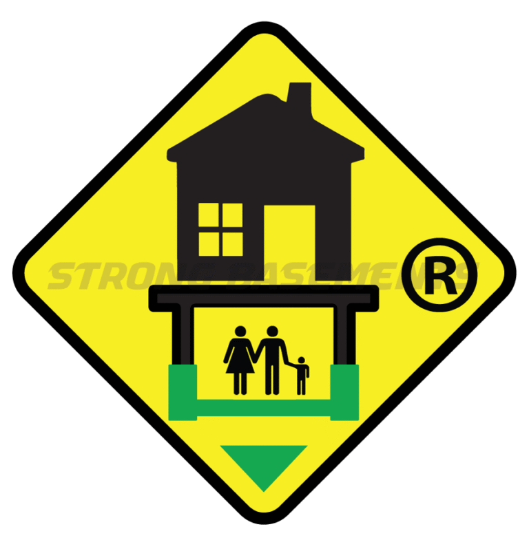 Yellow Strong Basements icon featuring a home with a deepened foundation and a family inside, symbolizing professional basement lowering contractor services in Toronto.