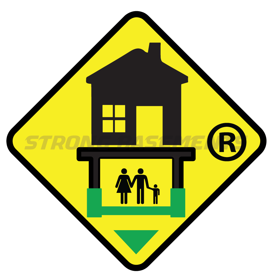 Yellow Strong Basements icon featuring a home with a deepened foundation and a family inside, symbolizing professional basement lowering contractor services in Toronto.