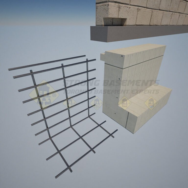 3D exploded diagram of bench footing underpinning, showing the existing foundation wall above, and the new reinforced concrete bench structure with a steel rebar cage below.