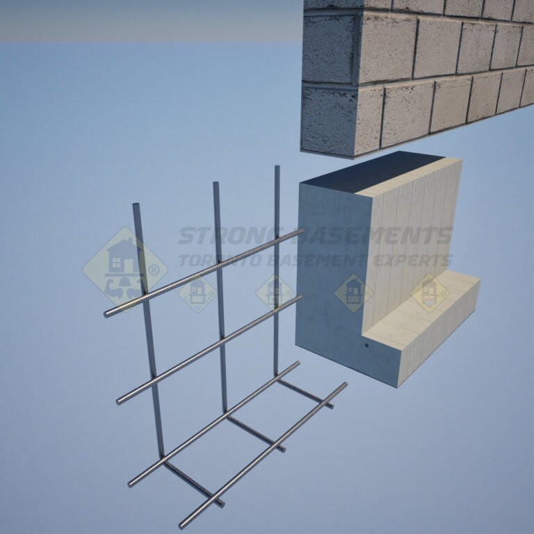 3D exploded diagram of flush L-shape underpinning, showing the steel rebar reinforcement cage and the L-shaped concrete footing designed to align perfectly with the existing foundation wall.