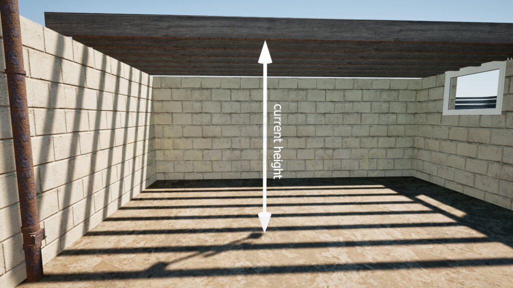 A view of a crawlspace or basement interior showing the original shallow ceiling height and exposed foundation walls prior to an underpinning and soil excavation project.