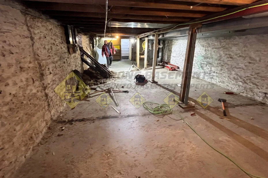 Leaside Semi-Detached Basement Lowering & Underpinning 2026 1 Unexcavated basement with an old concrete floor and a conveyor belt installed through a window, preparing for a basement lowering and underpinning project in Leaside, Toronto.
