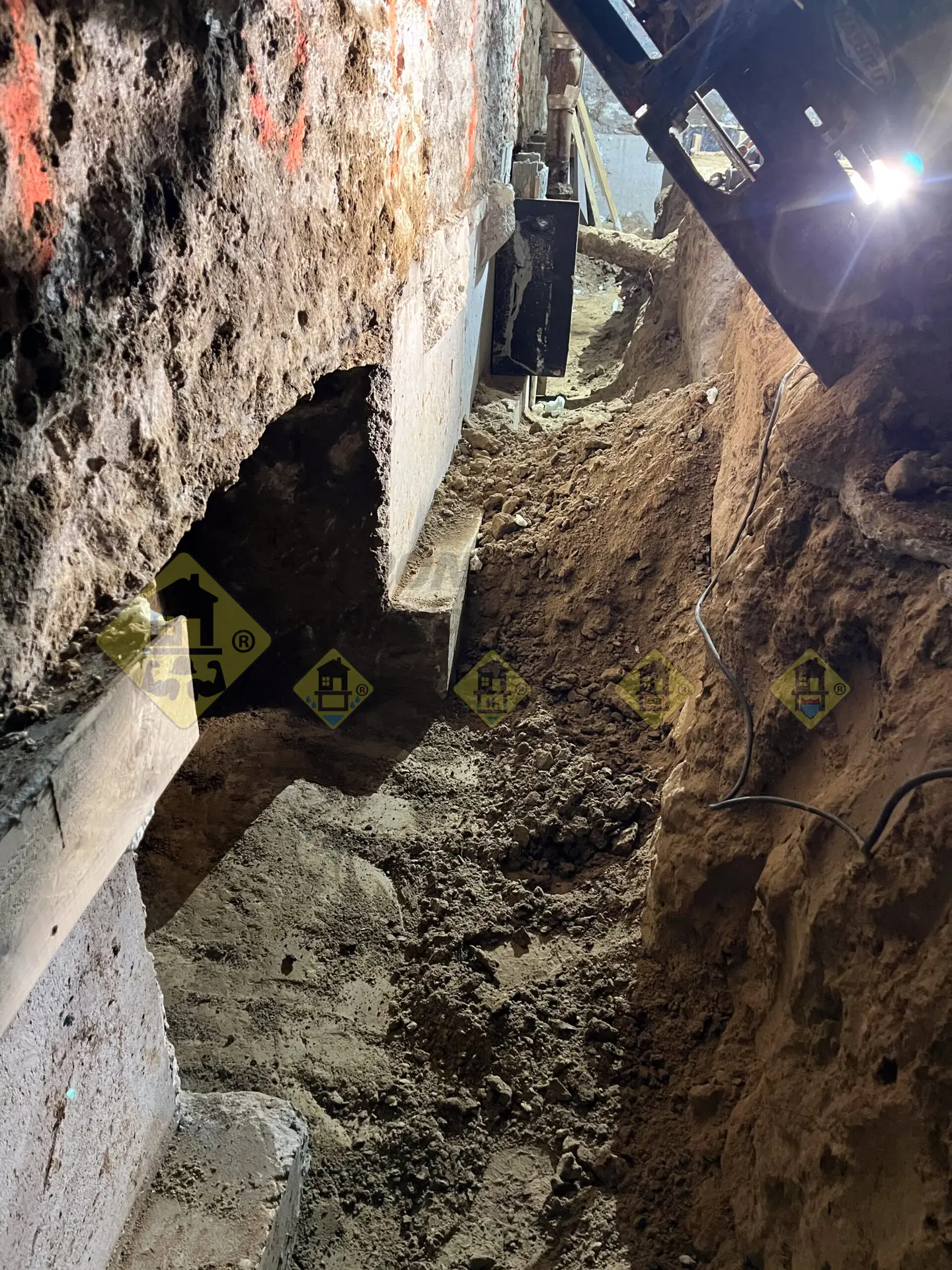 The final excavated underpinning section located directly underneath a soil conveyor belt, situated between two poured L-shaped concrete foundation walls in a Leaside, Toronto basement.