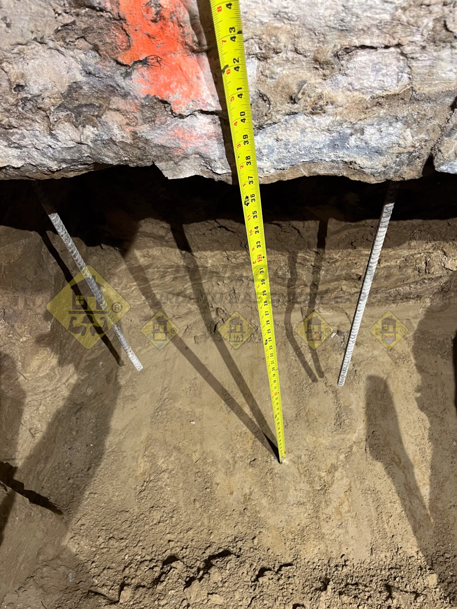 An excavated underpinning section featuring vertical 15mm steel rebars and a tape measure indicating a precise 36-inch depth during a basement lowering project in Leaside, Toronto.